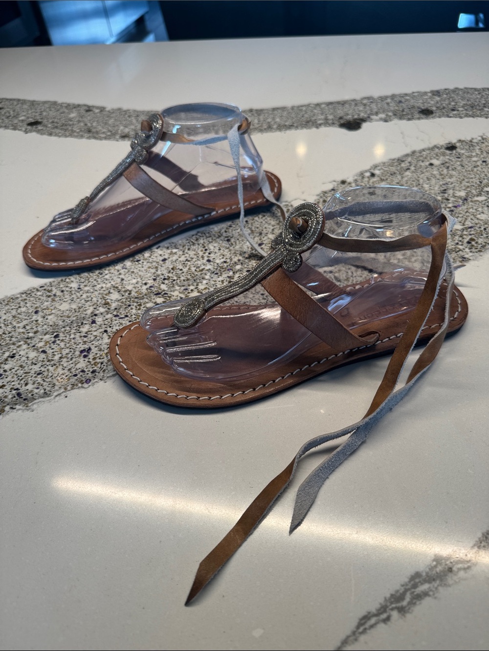 Laid Back London Handmade T-Strap Beaded Sandals with Decorative Medallion NWOT